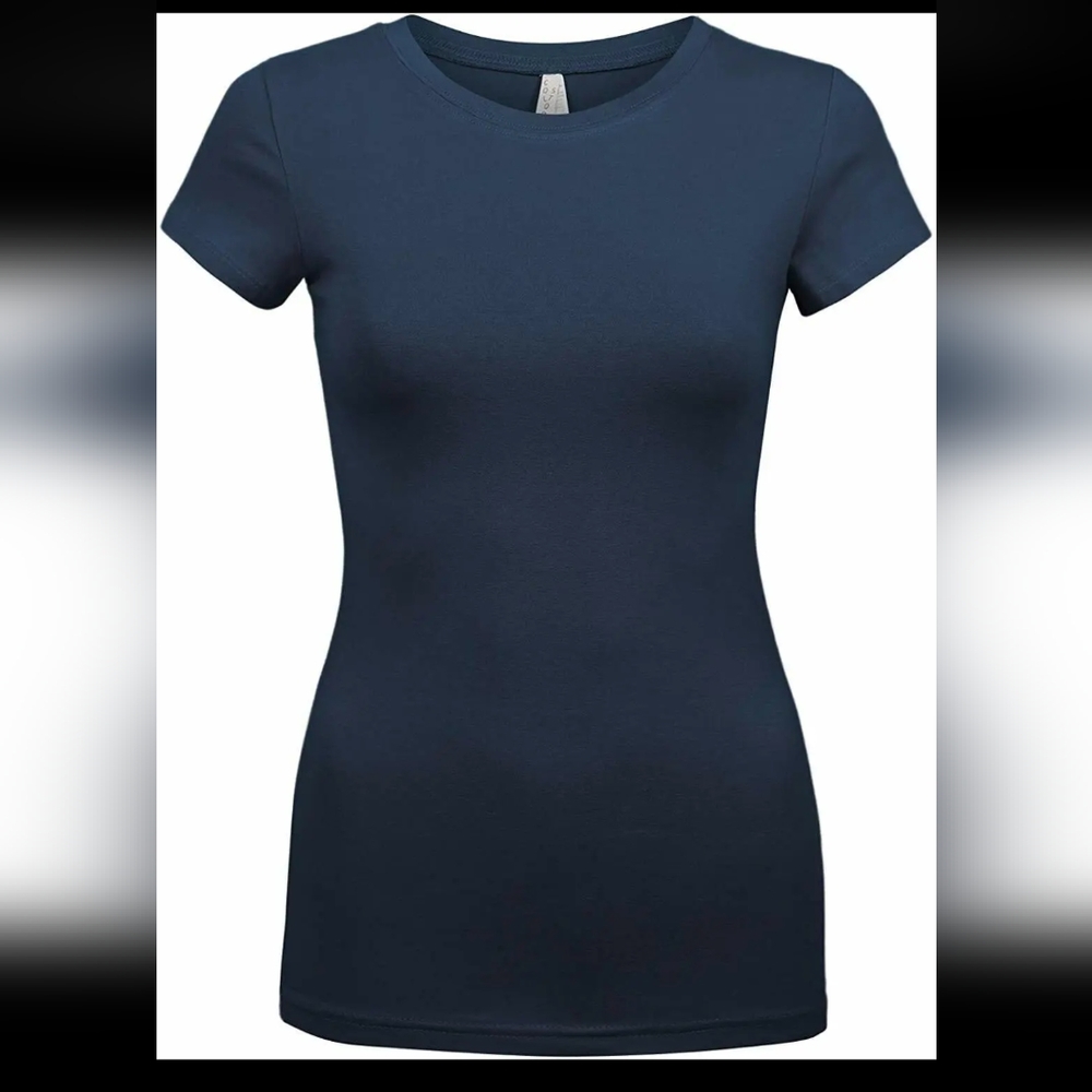 Navy blue round neck crew short sleeve basic casual cotton solid tshirt top